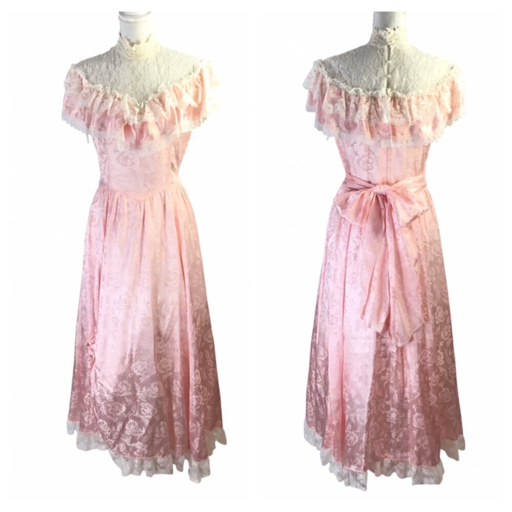 Vintage Gunne Sax Dress Jessica McClintock Prairie Lace Pink Maxi Long High Neck